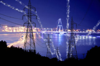 Small Town Electrification at Night in Blue - Colorful Stock Photos