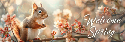 Welcome Spring Banner - Cute Squirrel in Woods